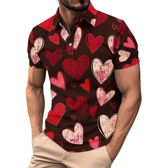 Awdenio Men Shirts Valentines Button Down Shirts Heart Print Short Sleeve Casual Turndown Collar T-Shirt Blouse