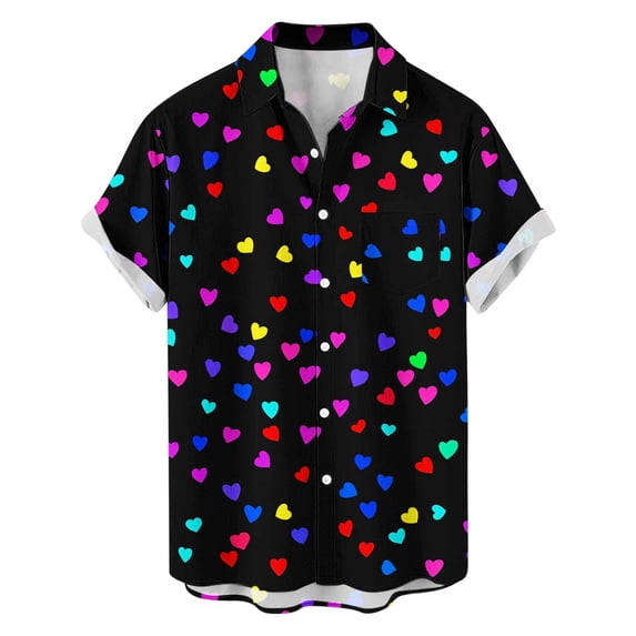 Awdenio Men Shirts Valentines Day Shirt Heart Print Button Down Collared Short Sleeve Hawaiian Shirt