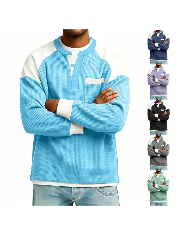 Men T Shirts Long Sleeve T-Shirts Collared Casual Pullover Outdoor Waffle Sweatshirts