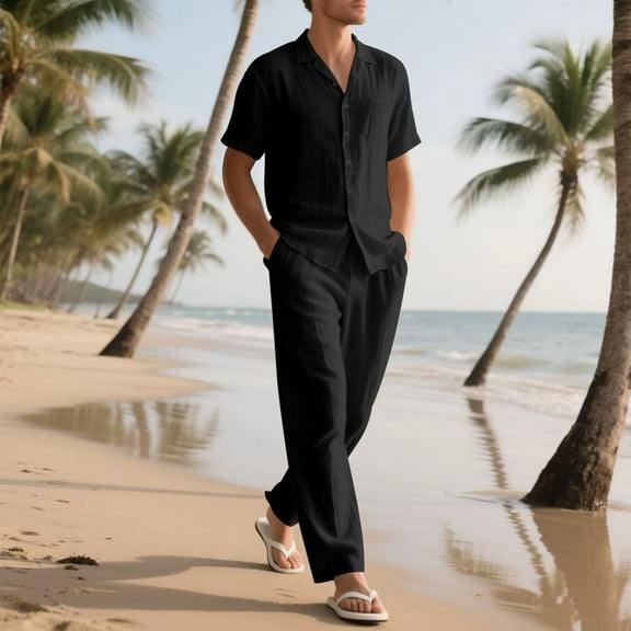 Awdenio Men Two Piece Outfits Sets. Solid Color Casual Fashion Flip Collar Short Sleeve Linen Shirt Drawstring Waist Long Pants Beach Sets