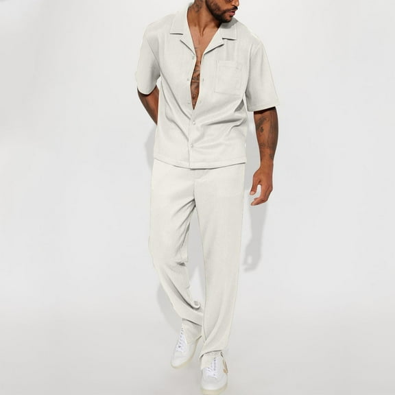 Awdenio Men's 2 Piece Vertical Striped Textured Outfits Summer Casual Button Down Shirts And Pants Matching Sets