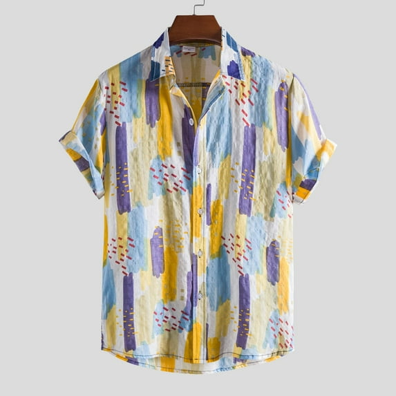 Awdenio Men's Activewear T-Shirts , Men Hawaiian Short Sleeve Beach Shirt Patchwork Summer Casual Button Turn-down Collar