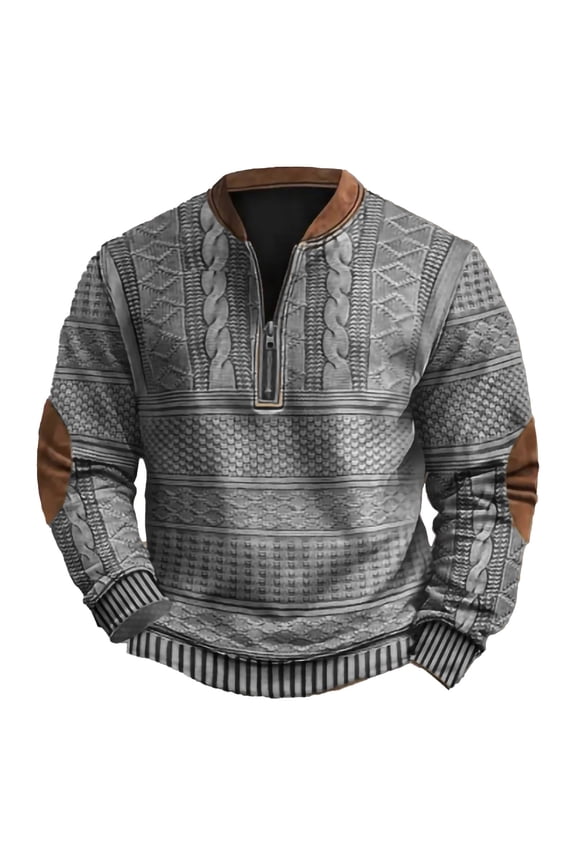 Men's Activewear T-Shirts Vintage Pattern Western Quarter Zip Pullover Round Neck Long Sleeve Sweater Sweatshirts Tactical Shirt Tops with Elbow Patches Grocery