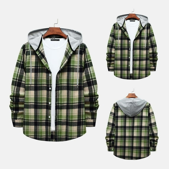 Awdenio Men's Blouse And Winter Fashion Long Sleeve Solid Color Shirt Top Plaid Hooded Shirt Comfortable Fashionable,Green,2XL