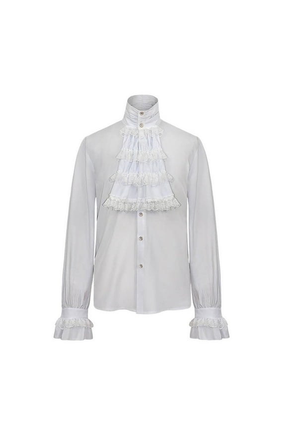 Men's Blouse Pleated Long Sleeve Medieval Clothing Steampunk Stage Wear Lapel Shirt Top Gift Comfortable,White,L