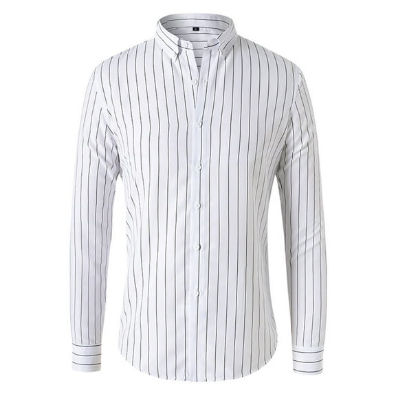 Awdenio Men's Blouse Solid Color Striped Shirt Long Sleeve Turndown Collar Blouse Shirt Daily Life,White,M