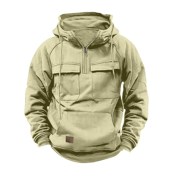 Awdenio Men's Blouse Sweatshirt Quarter Zip Cargo Solid Hoodies Long Sleeve Workout Outdoor Winter Jackets All Seasons Outdoor Activities,Beige,L