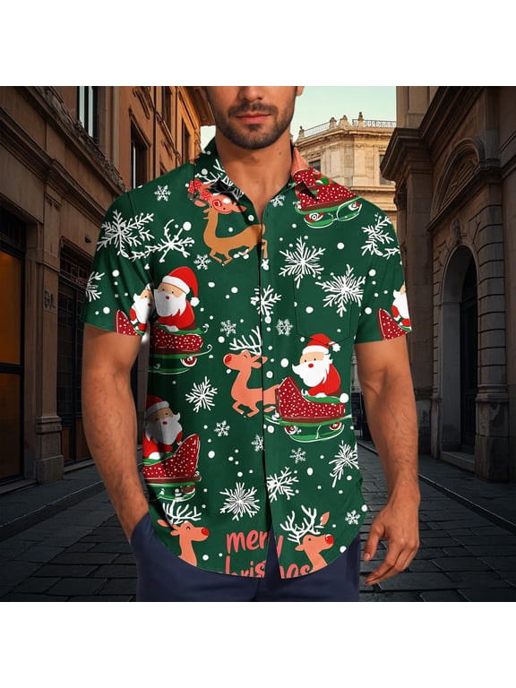 Men's Clothing Christmas Hawaiian Shirt for Men Short Sleeve Button Down Santa Vacation Dress Shirts