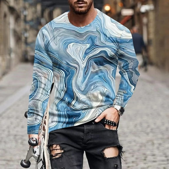 Awdenio Men's Clothing Tie Dye Print Graphic T Shirt Long Sleeve Spring T-Shirt Novelty Casual Tee