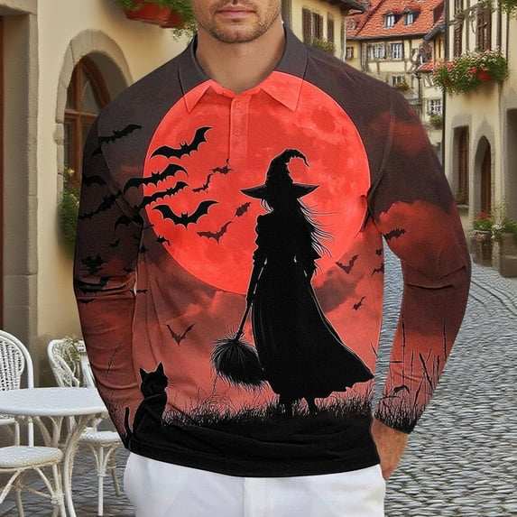 Awdenio Men's Clothing Long Sleeve Cute Halloween Shirts Print Casual Vintage Classic Golf Shirt
