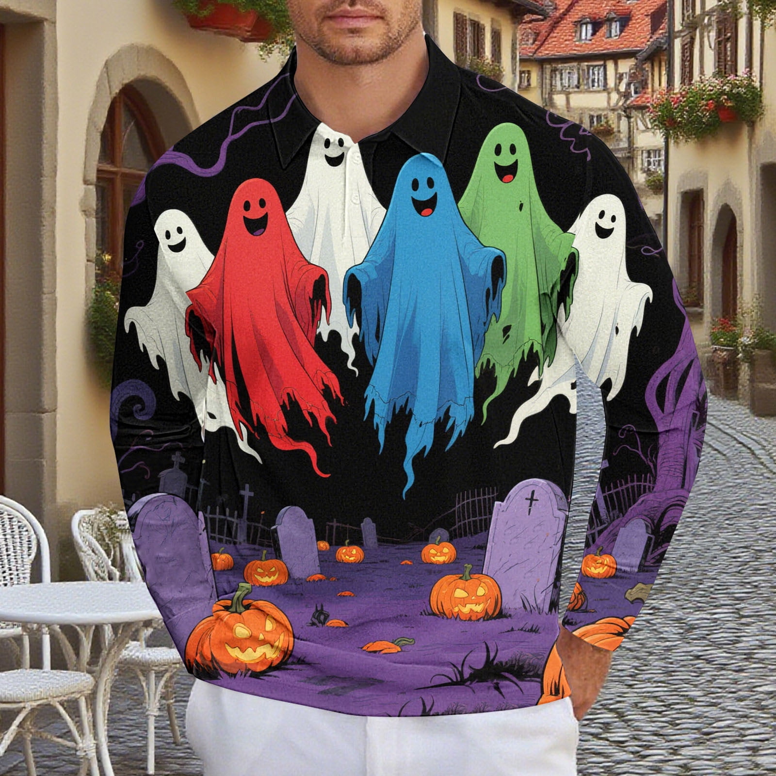 Awdenio Men's Clothing Long Sleeve Cute Halloween Shirts Print Casual ...