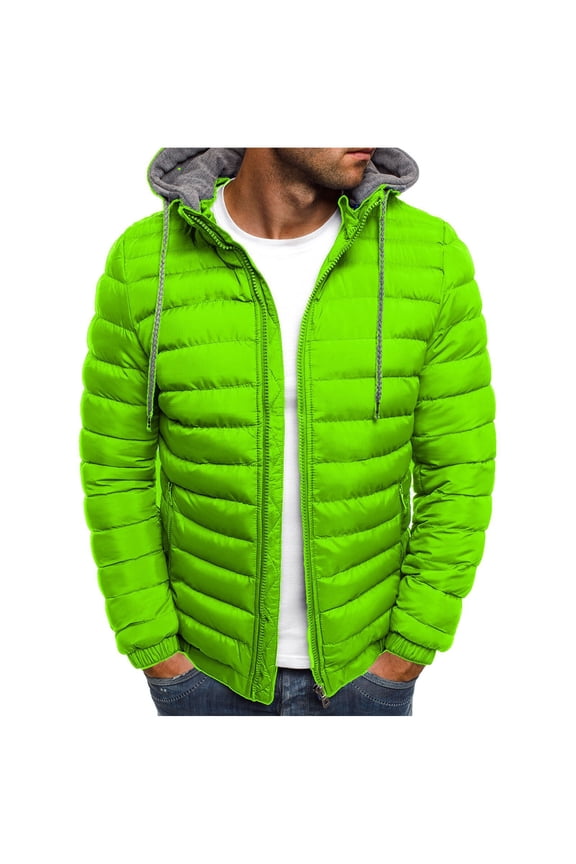 Men's Down Jackets & Coats, Men's Solid Color Drawstring Hooded Coat Fashion Cotton Padded Men's Warm Winter Jacket