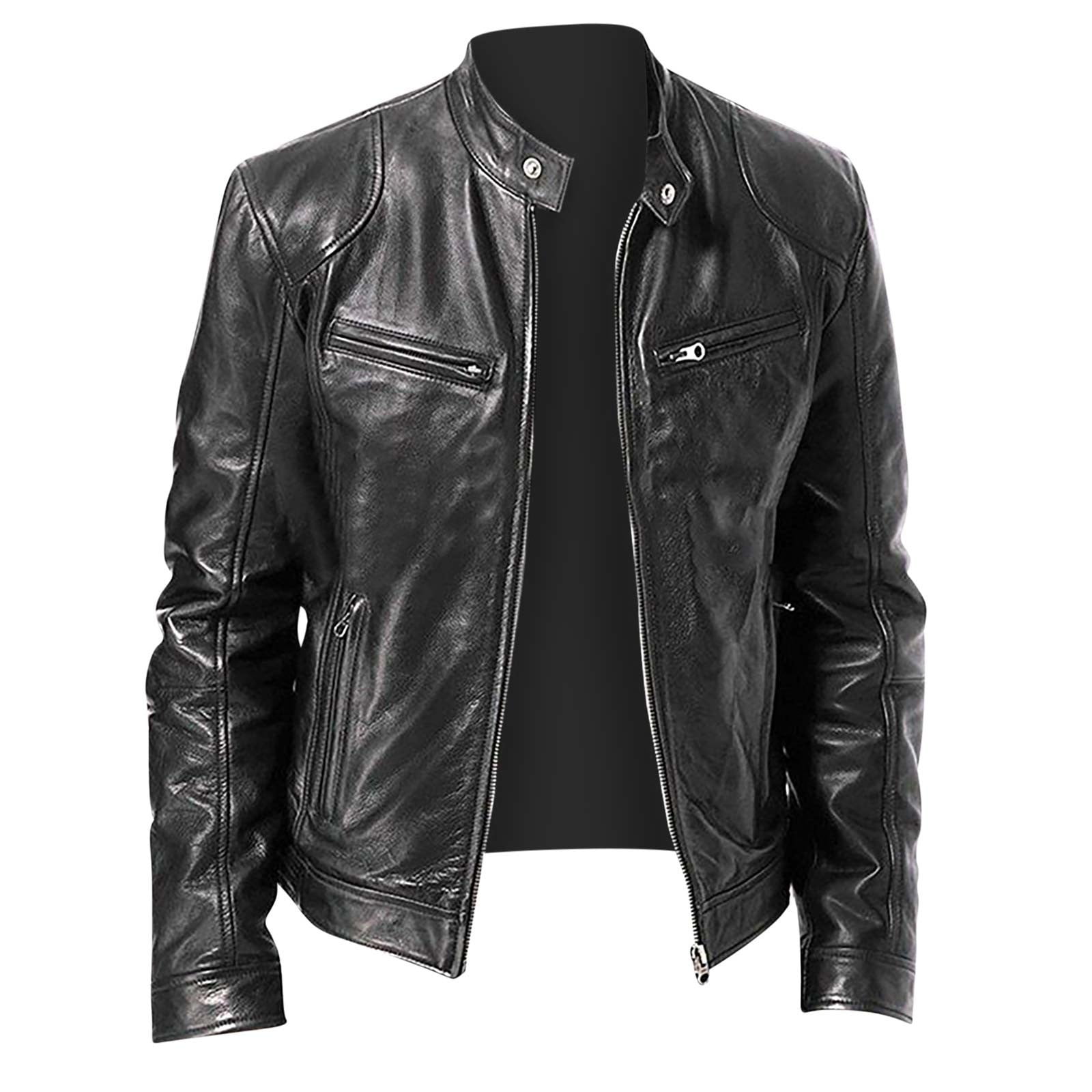 Awdenio Men's Faux Leather Jacket Stand Collar Motorcycle Leather Jackets Casual Lightweight Zip Up Biker Coat,Size 2XL