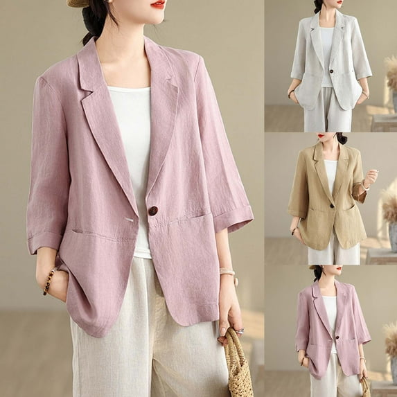 Awdenio Beach Wacation Clothes for Women Linen Blazer Lightweight 3/4 Stretchy Ruched Sleeve Fully-Lined Casual Work Jacket with Pockets