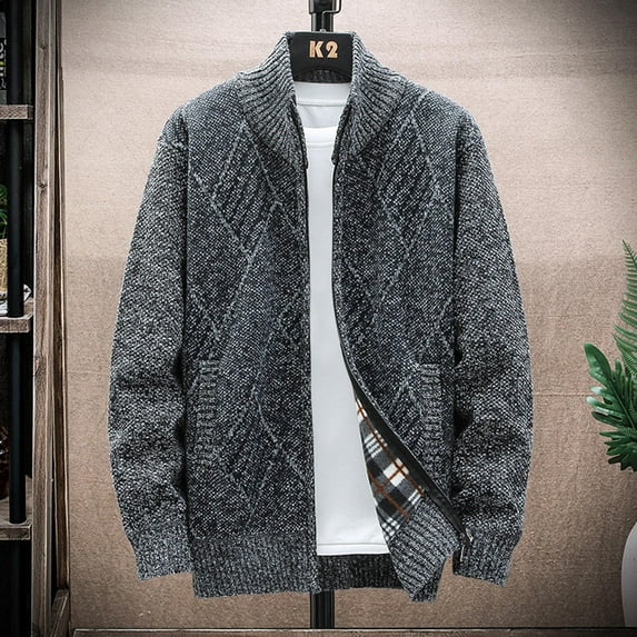 Awdenio Men's Lightweight Jackets, Men's Winter Cardigan Casual Stand Collar Hoodless Zipper Double Pockets Plush Thickened Sweater Shirt Coat Long Sleeved Hooded Casual Coat/Jacket