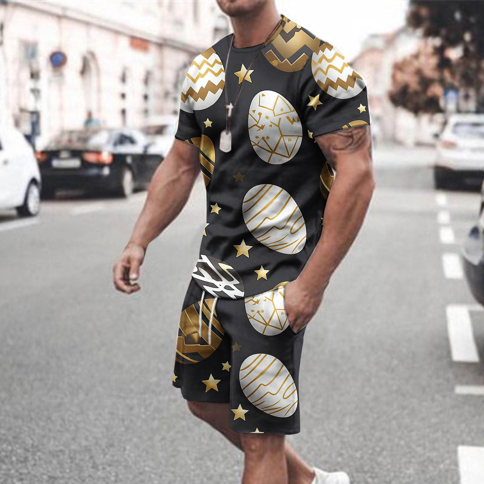Men's Plus Size V-Neck Short Sleeve Top and Pants Set main image 1
