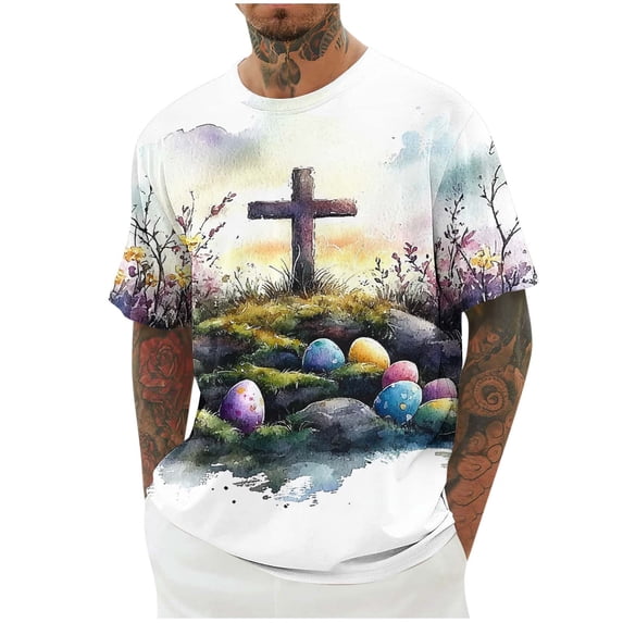 Awdenio Men's Shirts Short Sleeve Cross Letter Print Graphic Round Neck Casual Fashionable Tops