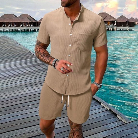 Awdenio Men's Short Sets 2 Piece Outfits Button Down Linen Shirts and Short Sets Summer Beach Outfis