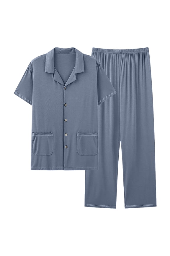 Men's Sleepwear Set Soft Cotton Knit Jersey Pajamas Lounge Set, Short Sleeve Shirt and Shorts with Pockets