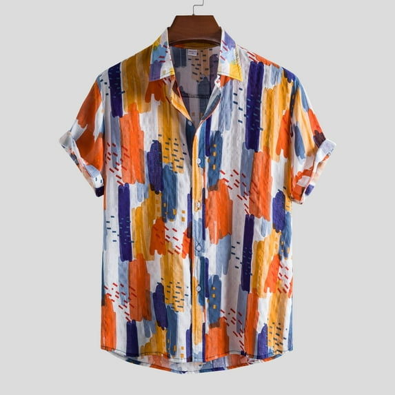 Awdenio Men's T-Shirts , Men Hawaiian Short Sleeve Beach Shirt Patchwork Summer Casual Button Turn-down Collar
