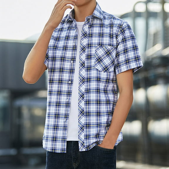 Awdenio Men's T-Shirts Plaid Short Sleeve Button Down Shirts Cotton Regular Fit Casual Gingham Shirts