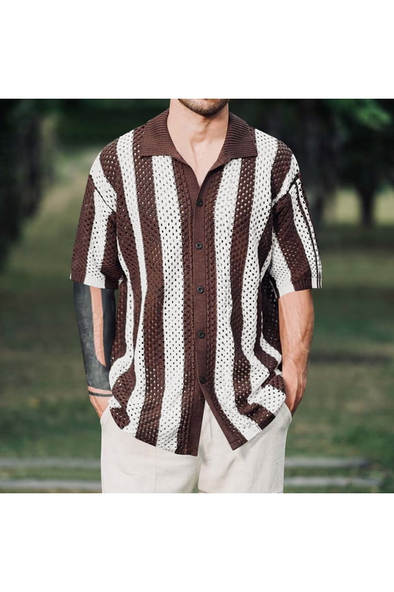 Men's T-Shirts Striped Crochet Button Down Shirts Hollow Out Half Sleeve Collared Knit Tops