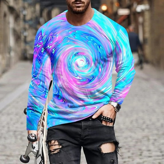 Awdenio Men's T-shirts Tie Dye Print Graphic T Shirt Long Sleeve Spring T-Shirt Novelty Casual Tee