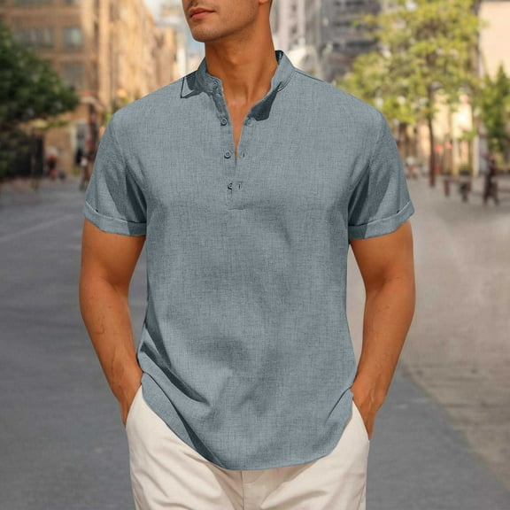 Awdenio Men's T-shirts Short Sleeve Linen Henley Shirts Casual Button Down Shirt Summer Beach Wear with Pocket