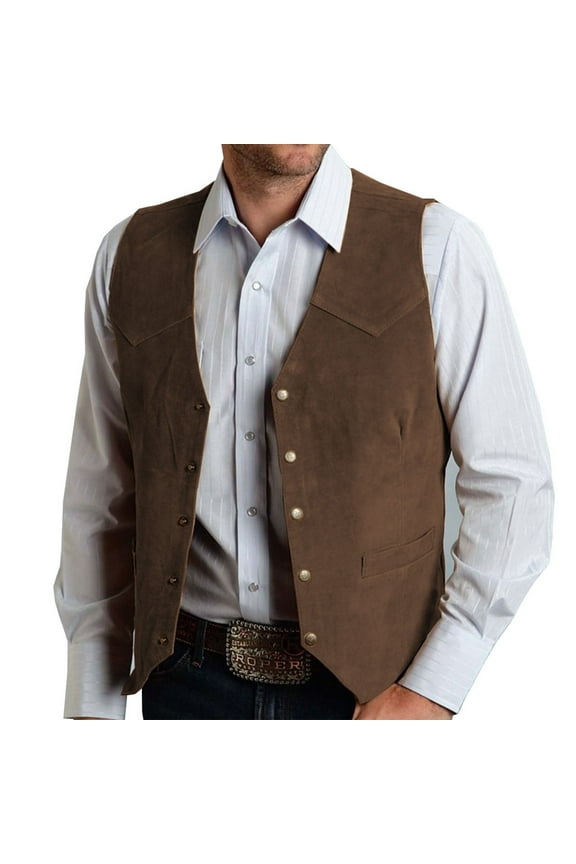 Awdenio Men's Western Cowboy Suit Vest Slim Fit Faux Suede Leather Dress Vests Waistcoat for Wedding