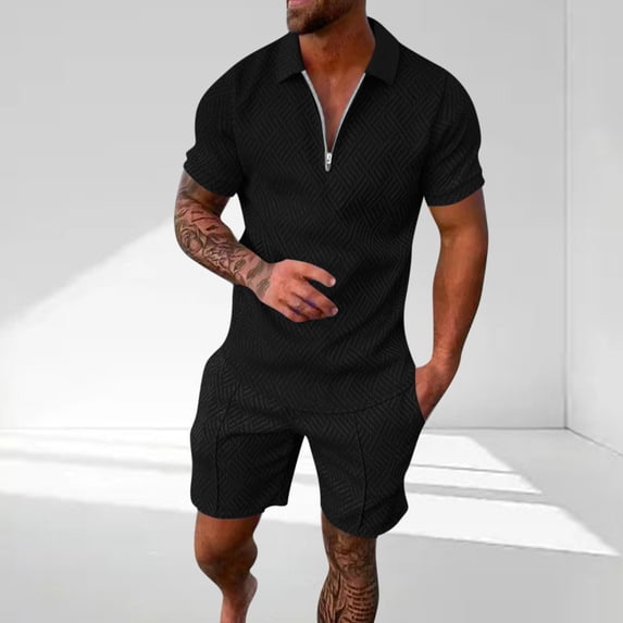 Awdenio Mens 2 Piece Zip Tracksuit Short Sleeve Print Shirt and Shorts Sets Summer Outfits for Men