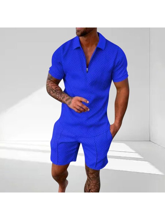 Mens 2 Piece Zip Tracksuit Short Sleeve Print Shirt and Shorts Sets Summer Outfits for Men