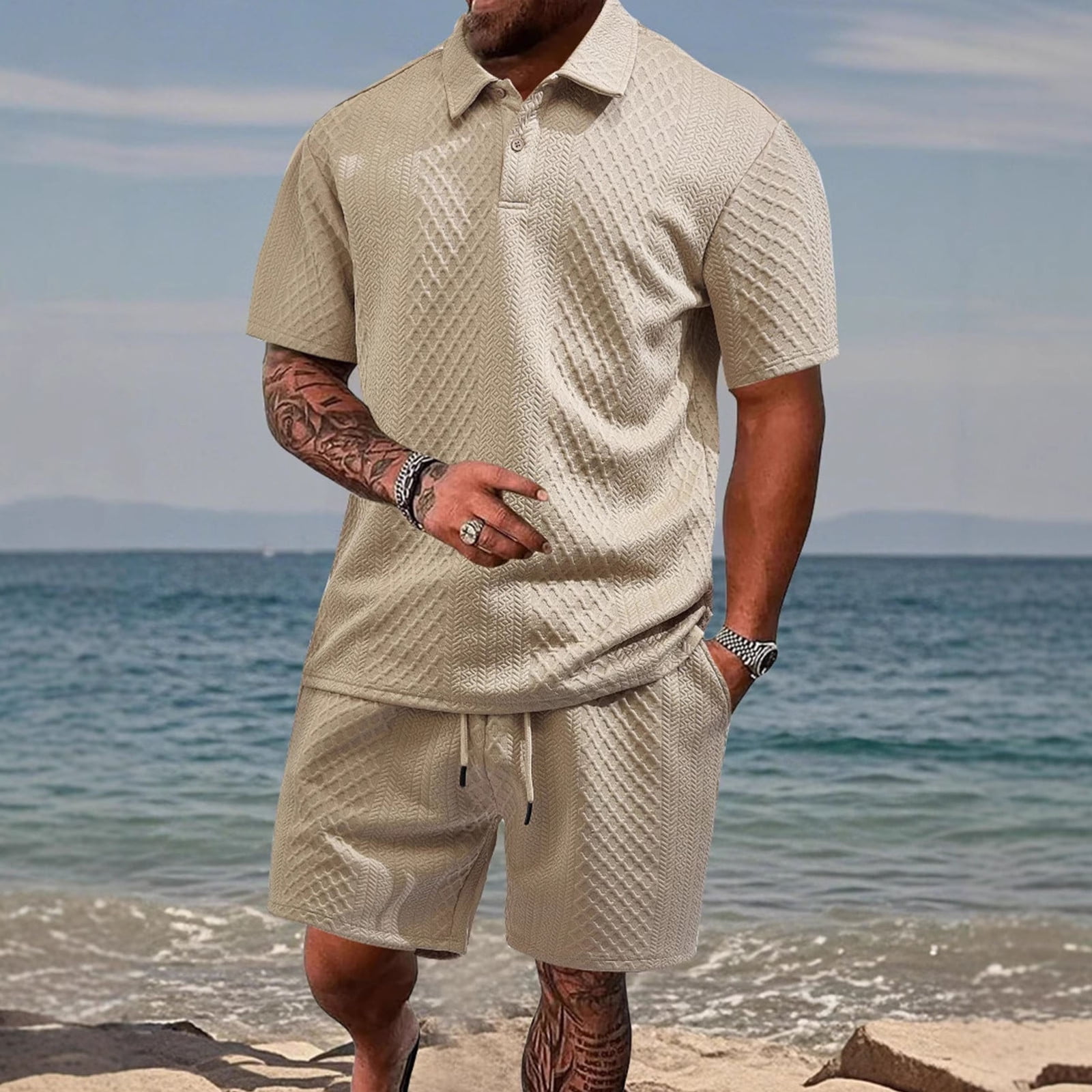 Men's Quarter Zip Polo Shirt and Drawstring Shorts Two Piece Casual Tracksuit Set