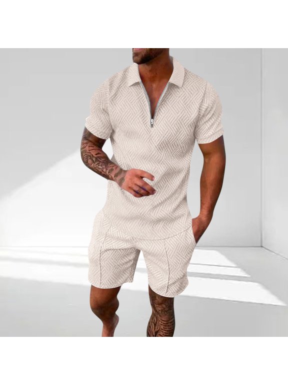 Mens 2 Piece Zip Tracksuit Short Sleeve Print Shirt and Shorts Sets Summer Outfits for Men