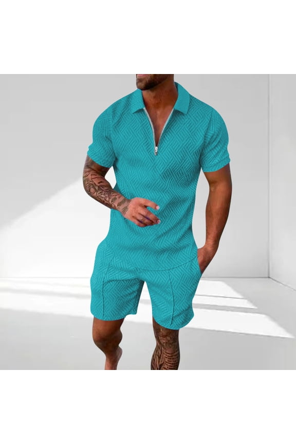 Mens 2 Piece Zip Tracksuit Short Sleeve Print Shirt and Shorts Sets Summer Outfits for Men