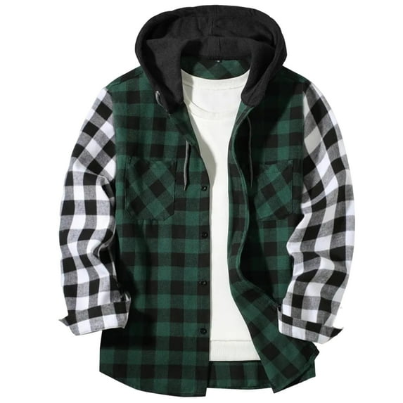 Awdenio Mens Blouse Fall Winter Fashion Long Sleeve Plaid Print Shirt Top Hooded Shirt Overcoat Christmas