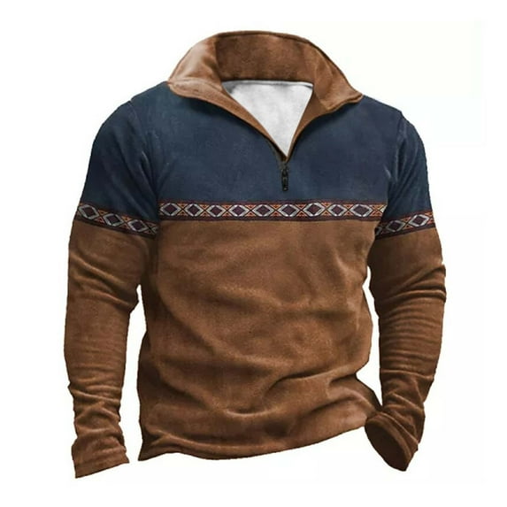 Awdenio Mens Blouse Fashion Quarter Zip Vintage Pattern Western Sweatshirt Long Sleeve Pullover with Pockets Lapel Top Shirt,Size S