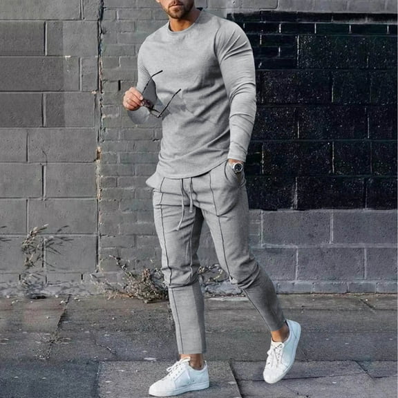 Awdenio Mens Blouse Set Solid Color Suit Comfortable Slim Fit Round Neck Long Sleeve T-Shirt Trousers Tight Two Piece Set,Size M-3XL