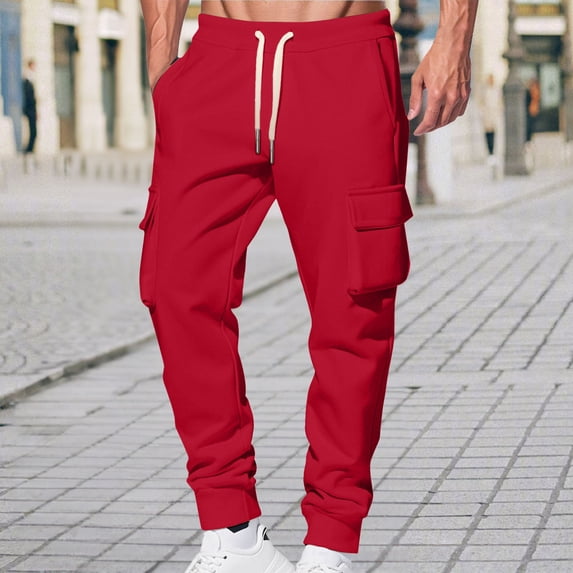 Awdenio Mens Cargo Pants Fleece Cargo Sweatpants Heavyweight Elastic Waist Pants with Pockets Baggy Drawstring Jogger Pants