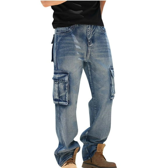 Awdenio Mens Cargo Pants Jeans Wide Leg Streetwear Jeans Loose Fit Denim Pants