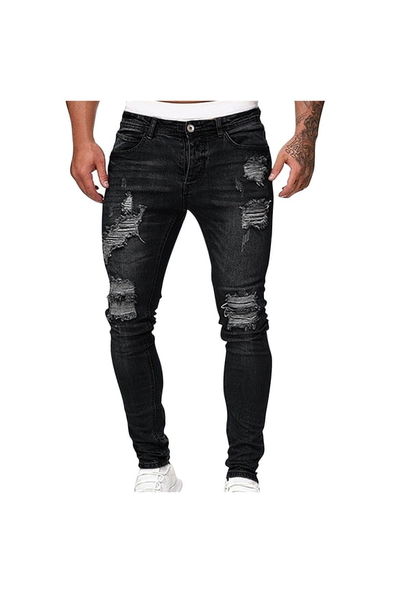 Mens Casual Cotton Straight Ripped Hole Trousers Jeans Pants Full Length Pants Soft and Breathable Fabric, Perfect for Casual Wear