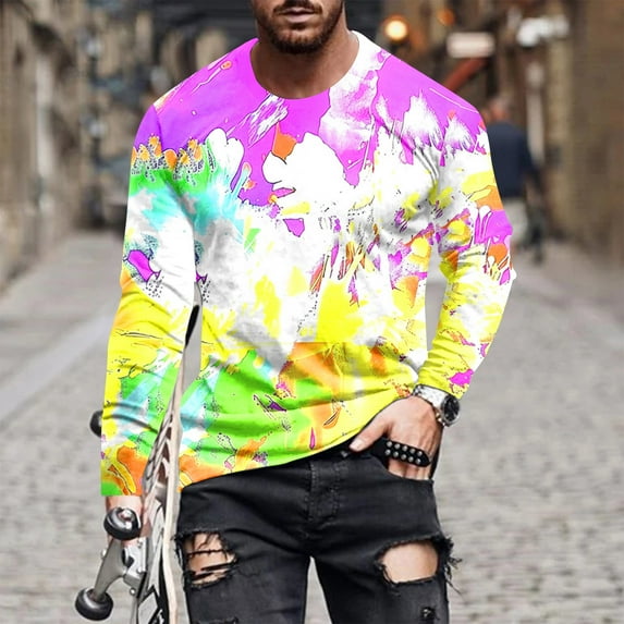 Awdenio Mens Crewneck Sweatshirts Tie Dye Print Graphic T Shirt Long Sleeve Spring T-Shirt Novelty Casual Tee