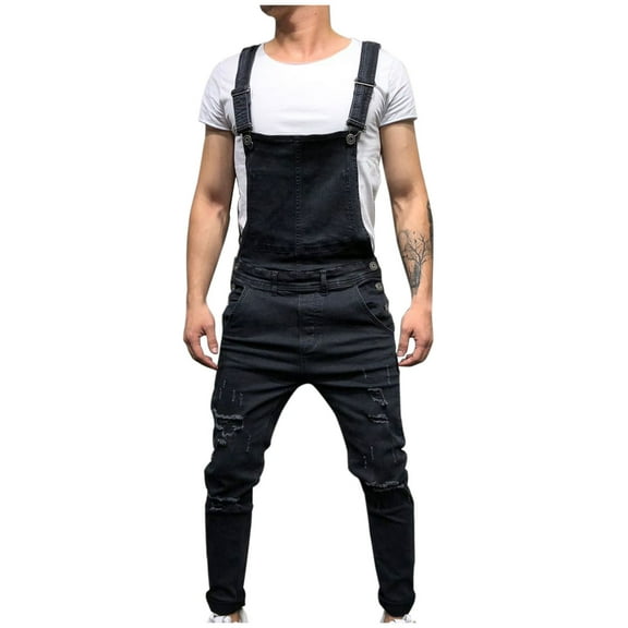 Awdenio Mens Denin Overalls Fashion Slim Fit Casual Jean Ripped Jumpsuits Rompers Workwear Adjustable Suspenders Design Christmas ,Size XL