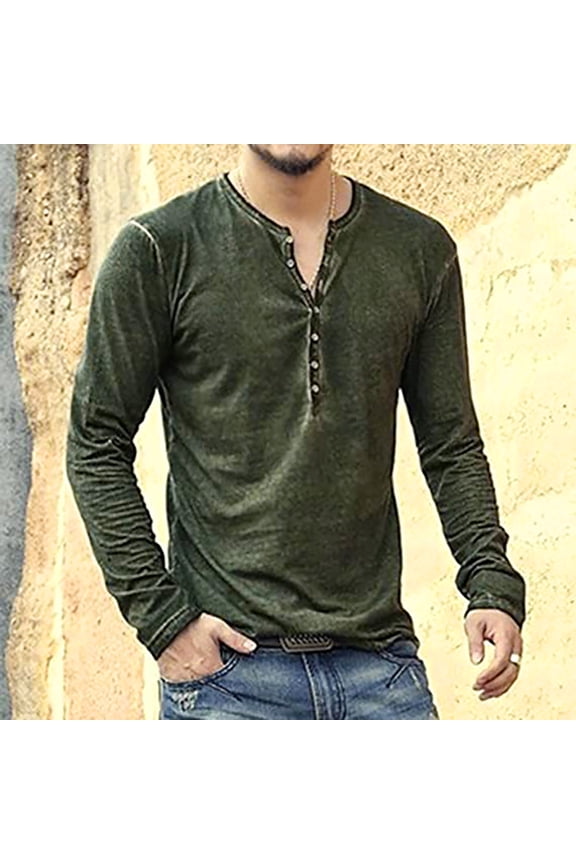 Mens Distressed Henley Shirts Front Placket Retro Long Sleeve Tee Shirts Button Down T-Shirts for Men