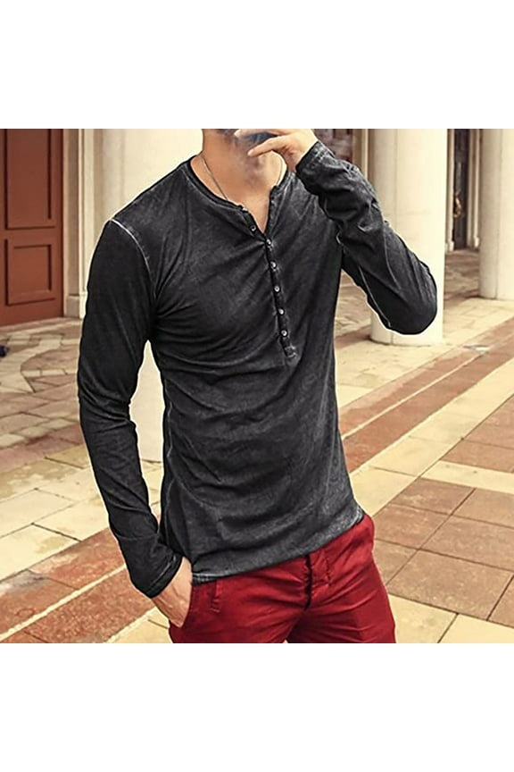 Mens Distressed Henley Shirts Front Placket Retro Long Sleeve Tee Shirts Button Down T-Shirts for Men