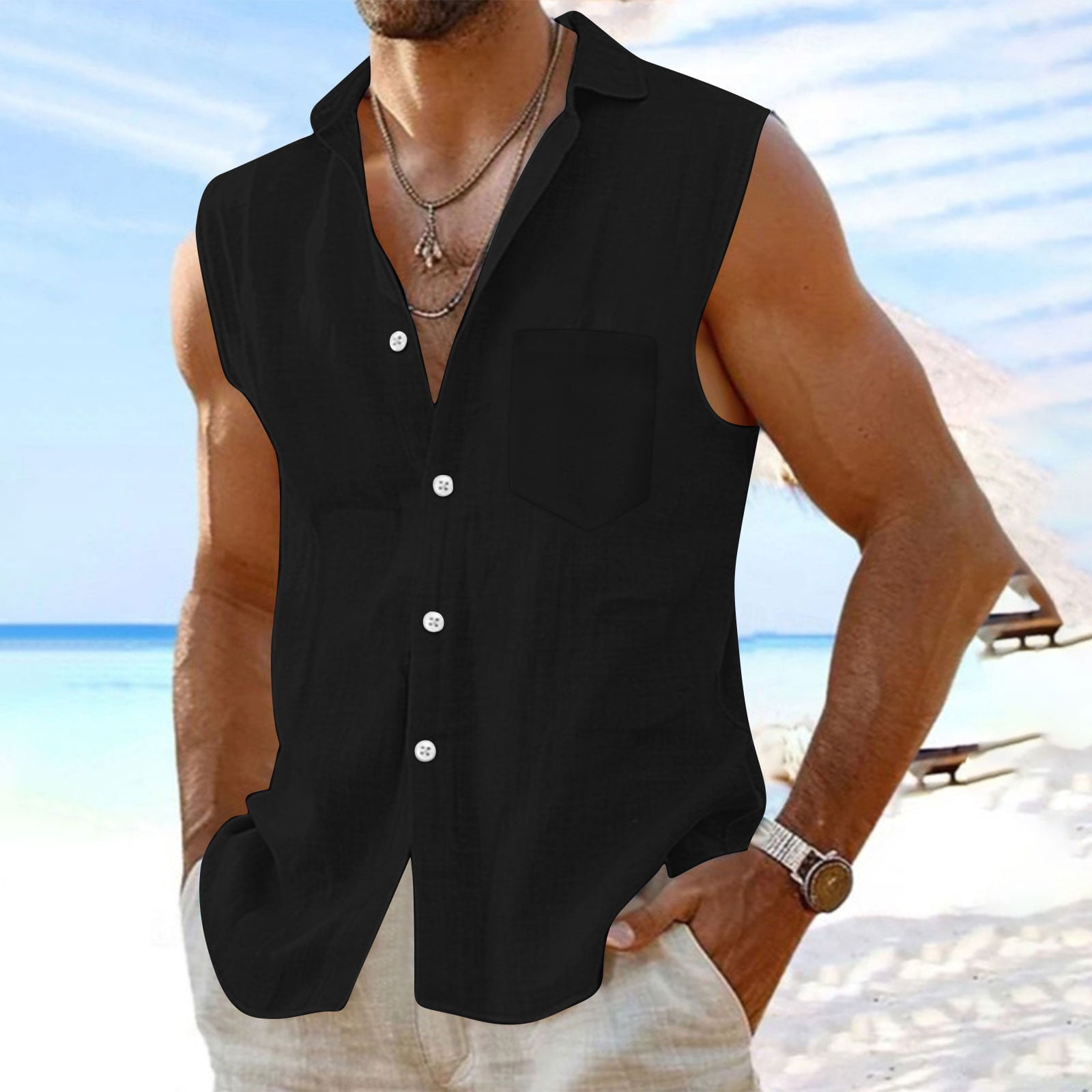 Awdenio Mens Graphic T-Shirts Sleeveless Button Down Shirts Linen