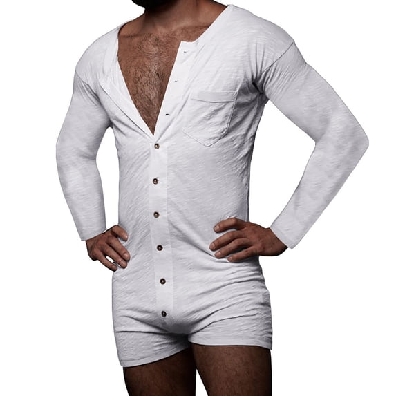 Awdenio Mens Gym Shorts Long Sleeve Short Jumpsuit Pajama One Piece Button Down Henley Sleepshirt Rompers