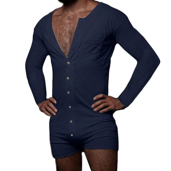 Awdenio Mens Gym Shorts Long Sleeve Short Jumpsuit Pajama One Piece Button Down Henley Sleepshirt Rompers