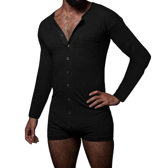 Awdenio Mens Gym Shorts Long Sleeve Short Jumpsuit Pajama One Piece Button Down Henley Sleepshirt Rompers