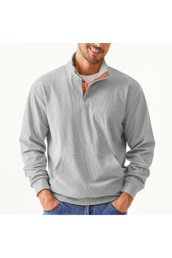 Mens Long Sleeve Tee Shirts Stand Collar Corduroy Sweatshirt Button Up Vintage Patchwork Long Sleeve Outdoor Workout Casual