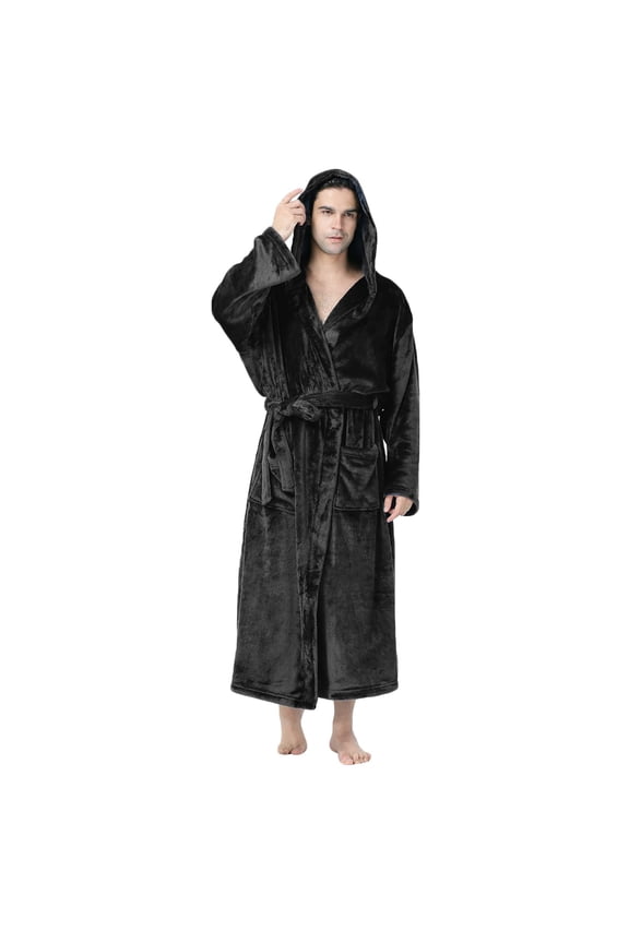 Mens Pajama Robes Fleece Solid Casual Waist Tie Cardigan Skin-Friendly Pocket Long Sleeve Hooded Bathrobe Regular Fit